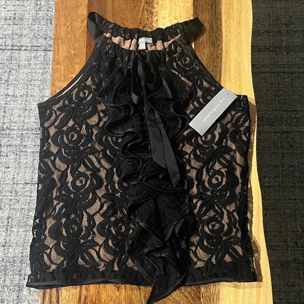 NWT NY Collection Black Lace Ruffle Sleeveless Blouse Sz medium